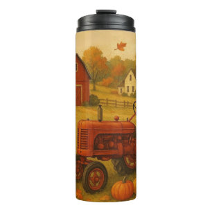 Glücklicher Herbst klassischer Traktor und Bauernh Thermosbecher