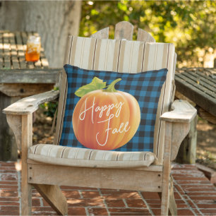 Glücklicher Herbst-Kürbis auf blau-schwarzem Karom Kissen