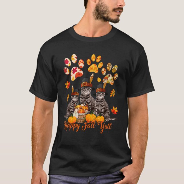 Glücklicher Herbst Y'all Erntedank Drei Katzen Fal T-Shirt (Vorderseite)