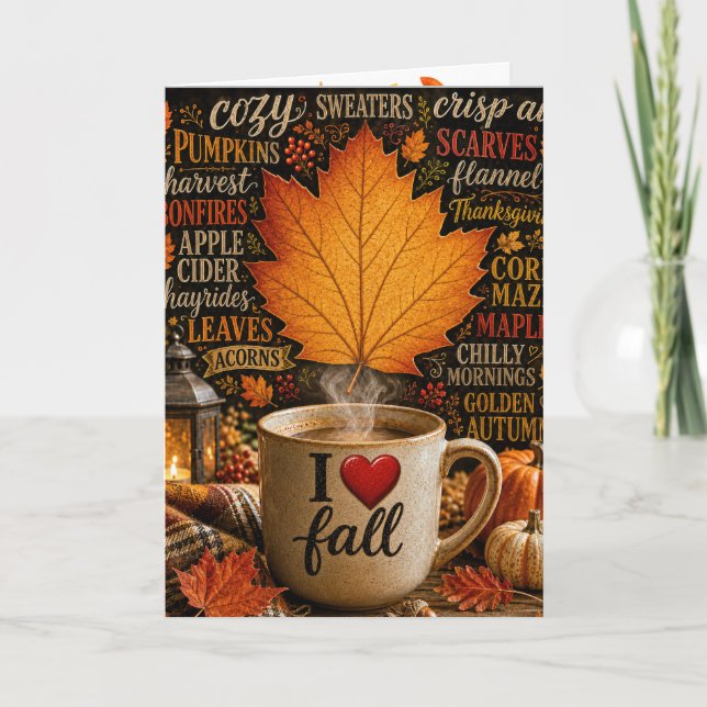 Glücklicher Herbstkaffee mit Wortwolke Karte (Vorderseite)