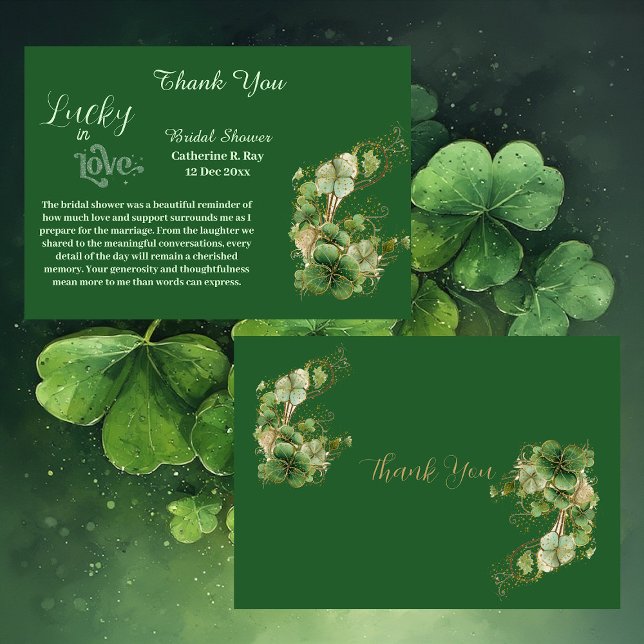 Glücklicher Hochzeitstag Golden Grüner Shamrock-Ju Dankeskarte (Lucky in Love Golden Green Shamrock Bridal Shower Thank You Card)