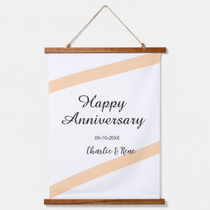 Glücklicher Hochzeitstag orange Pastelllinien Name Wandteppich Mit Holzrahmen