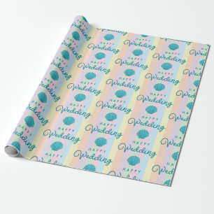 Glücklicher Hochzeitstext Blaue Meeresmuschel Bunt Geschenkpapier