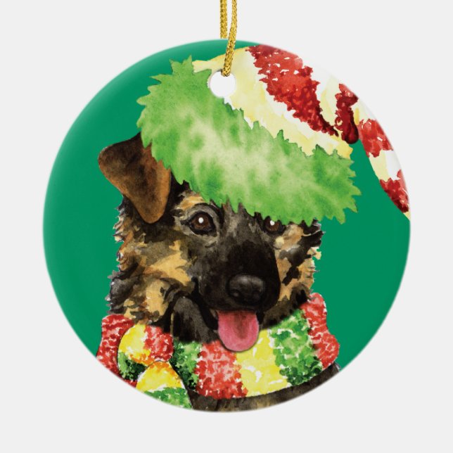 Glücklicher Howliday Schäferhund Keramikornament (Vorne)