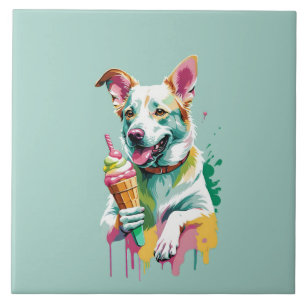 Glücklicher Hund, der ein Eis isst Fliese