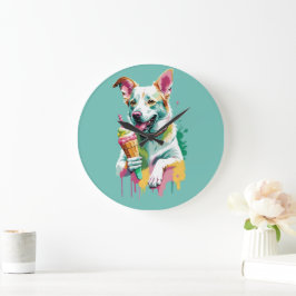 Glücklicher Hund, der ein Eis isst Große Wanduhr