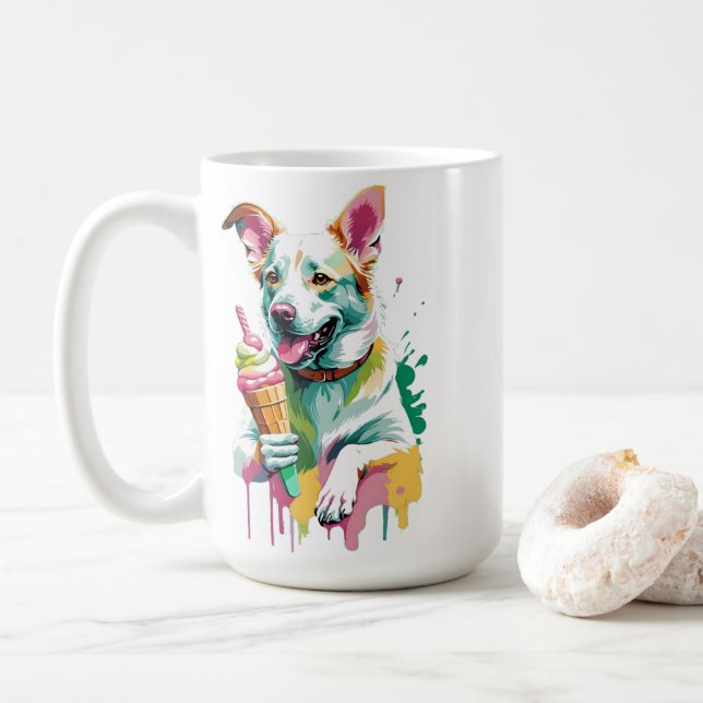 Glücklicher Hund, der ein Eis isst Kaffeetasse (Mit Donut)