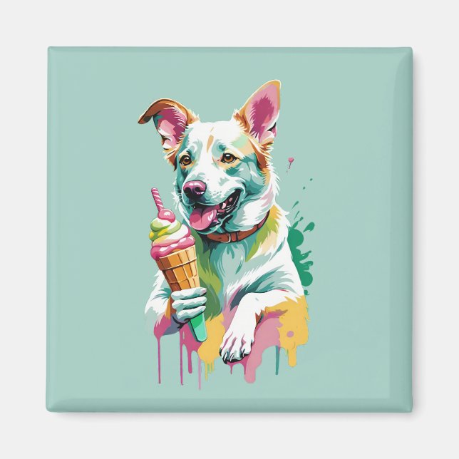 Glücklicher Hund, der ein Eis isst Magnet (Vorne)