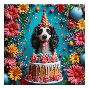 Glücklicher Hund feiert Geburtstag mit farbenfrohe Poster