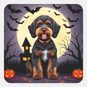 Glücklicher Hund Halloween Thema Süßer Kürbis Quadratischer Aufkleber