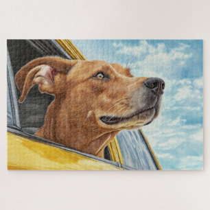 Glücklicher Hund im gelben Auto Kunstprint Puzzle