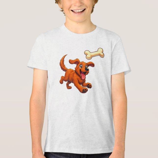 Glücklicher Hund jagt Knochen – Süßes Cartoon-Welp Tri-Blend Shirt (Vorderseite)