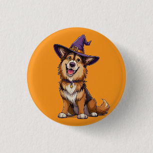 Glücklicher Hund mit einem Hexenhut Button