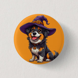 Glücklicher Hund mit einem Hexenhut Button