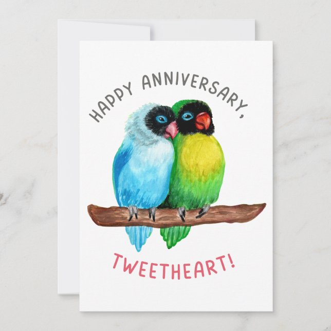 Glücklicher Jahrestag, Tweetheart! Lovebird Couple Feiertagskarte (Vorderseite)