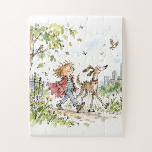 Glücklicher Junge und Hund im Stadtpark Puzzle
