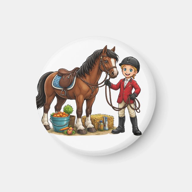 Glücklicher Junger Reiter Mit Schönem Pferd Cartoo Magnet (Vorne)