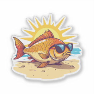 Glücklicher Karpfen sonnt sich am Strand Aufkleber