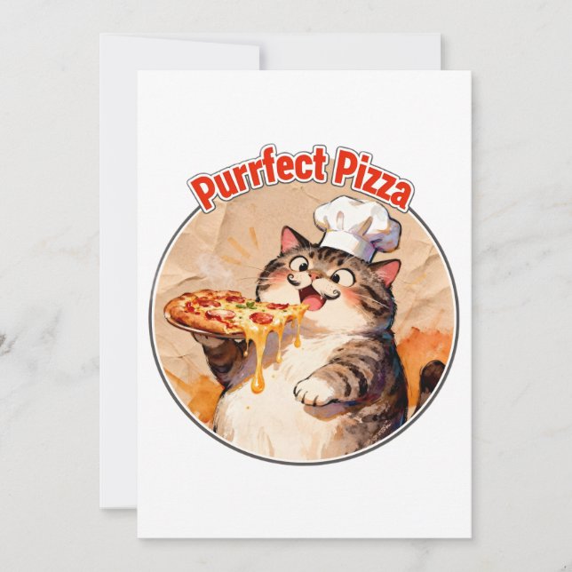 Glücklicher Katzenchef mit Pizza Einladung (Vorderseite)
