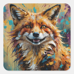 Glücklicher lächelnder Fuchs - Farbklecks-Abstrakt Quadratischer Aufkleber