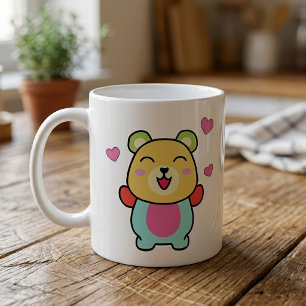 Glücklicher lächelnder Teddybär mit Liebesherzen.  Kaffeetasse