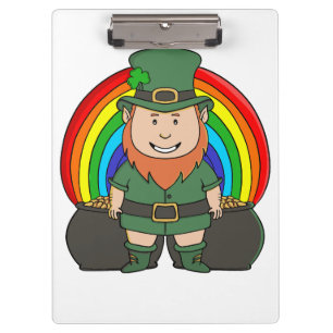 Glücklicher Leprechaun mit Regenbogentopf voll Gol Klemmbrett
