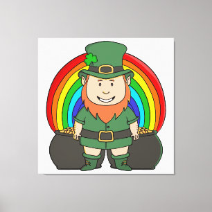 Glücklicher Leprechaun mit Regenbogentopf voll Gol Leinwanddruck