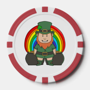 Glücklicher Leprechaun mit Regenbogentopf voll Gol Pokerchips