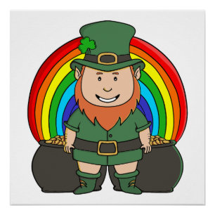 Glücklicher Leprechaun mit Regenbogentopf voll Gol Poster