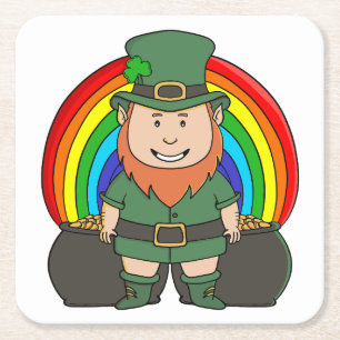 Glücklicher Leprechaun mit Regenbogentopf voll Gol Rechteckiger Pappuntersetzer