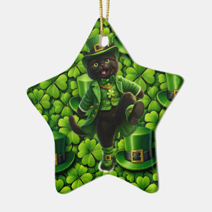 Glücklicher Leprechaun schwarze Katze Schneeflocke Keramik Ornament