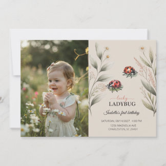 Glücklicher Marienkäfer Foto Florales Mädchen 1. G Einladung