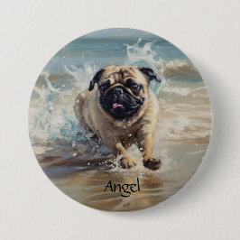 Glücklicher Mops am Strand individuell anpassbar Button