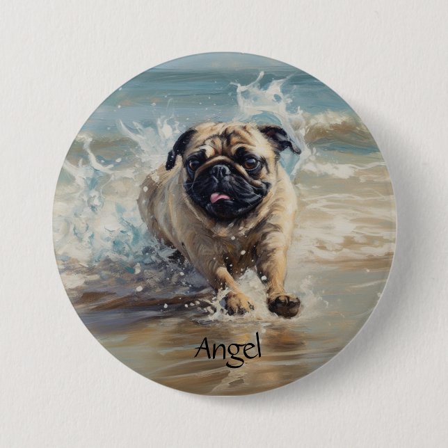 Glücklicher Mops am Strand individuell anpassbar Button (Vorderseite)