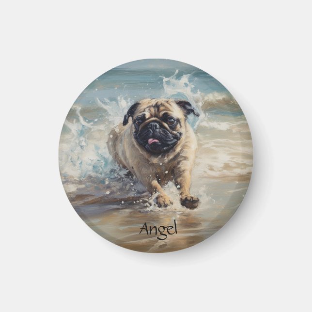 Glücklicher Mops am Strand individuell anpassbar Magnet (Vorne)