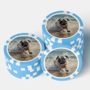 Glücklicher Mops am Strand individuell anpassbar Pokerchips