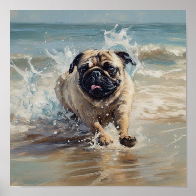 Glücklicher Mops am Strand Poster (Vorne)