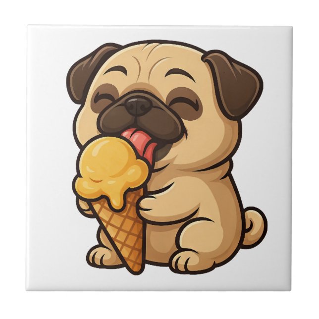Glücklicher Mops mit Eiscreme Sommer Cartoon Fliese (Vorderseite)