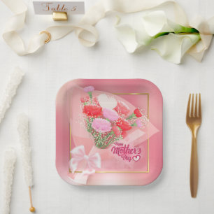 Glücklicher Muttertag Blumenbouquet Rosa und Gol Pappteller