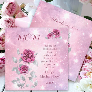Glücklicher Muttertag mit rosa Rose und silbernem  Feiertagskarte