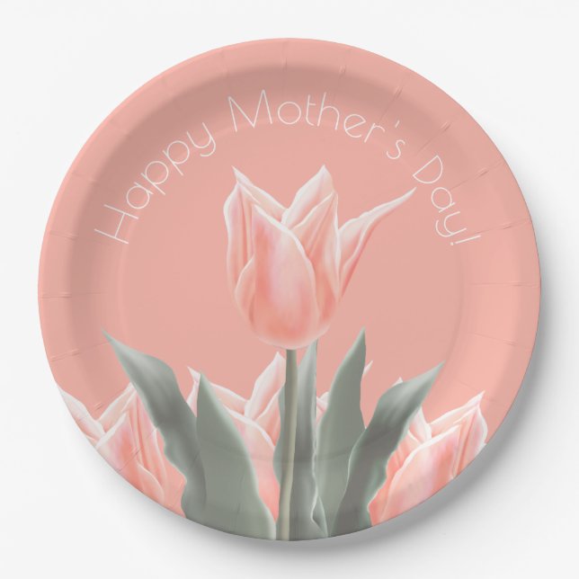 Glücklicher Muttertag! Stilvolle Peach Tulips Blum Pappteller (Vorderseite)