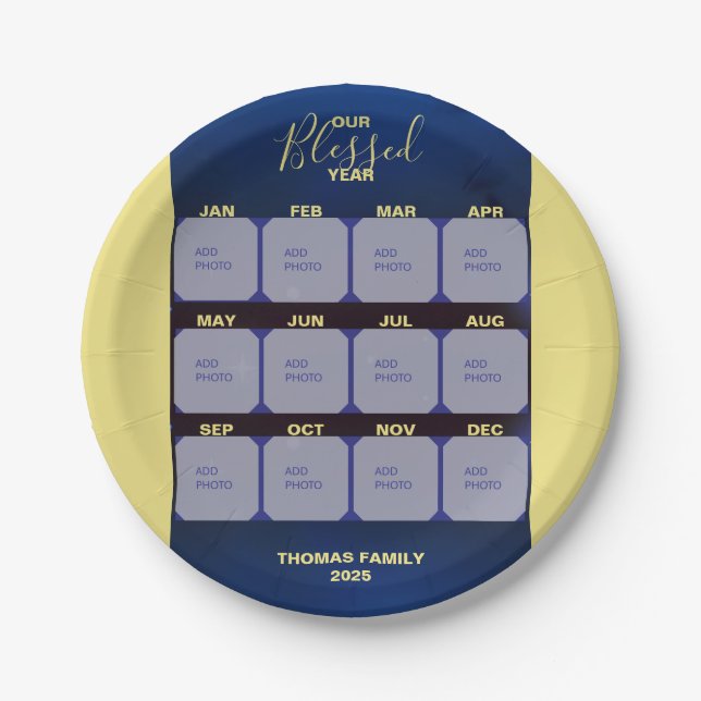 Glücklicher Neujahrsfeiertag im Foto des gesegnete Pappteller (Vorderseite)