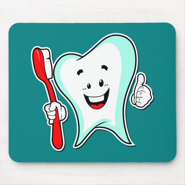 Glücklicher niedlicher Cartoon-Zahn mit einer Mousepad (Vorne)