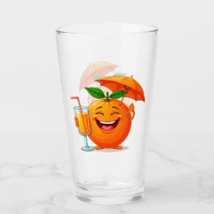 Glücklicher orangefarbener Cartoon-Charakter mit S Glas