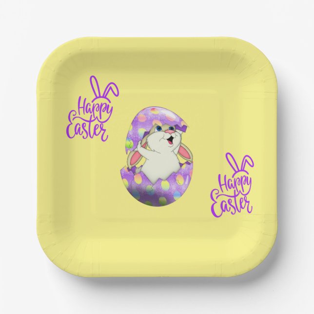 "GLÜCKLICHER OSTER" RABBIT, DER AUS EINEM FARBEN E PAPPTELLER (Vorderseite)