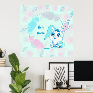 Glücklicher Osterhase  Cute Blue Kawaii Poster
