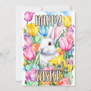 Glücklicher Osterhase mit farbenfrohen Tulpen Feiertagskarte