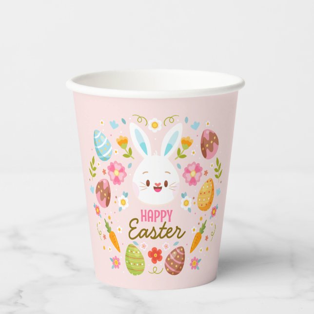 Glücklicher Osterhase Pink Floral  Pappbecher (Vorderseite)
