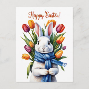 Glücklicher Osterhase und Tulpenblumen Feiertagspostkarte