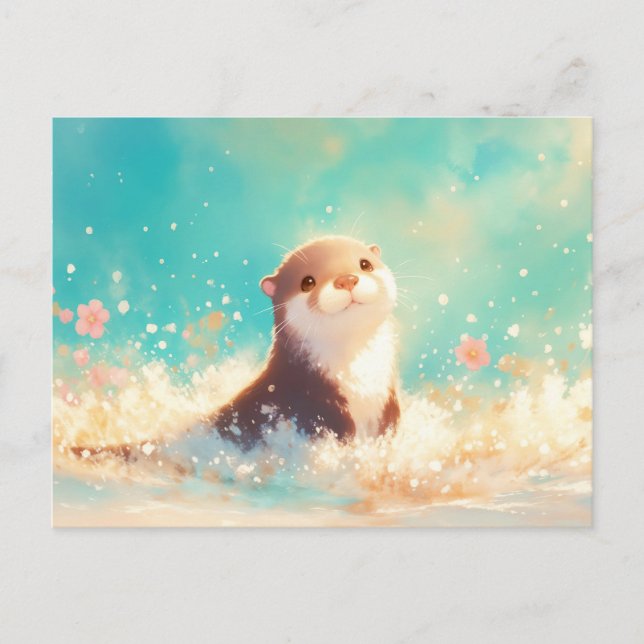 Glücklicher Otter plantscht im Türkisfarbenen Meer Postkarte (Vorderseite)
